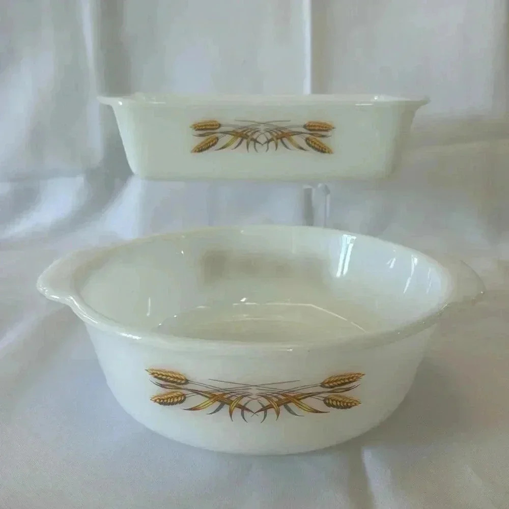 Vintage Fire-King Anchor Hocking Wheat 1 Qt and 2 Qt Bakeware Casserole Dishes